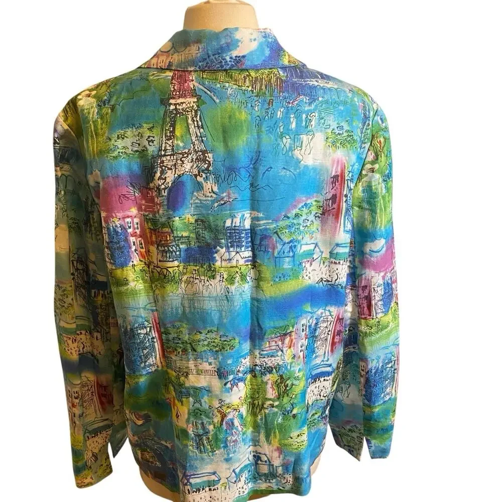 Coldwater Creek, Size Large, Colorful Paris Print Blazer, Linen Blend, Artsy - Picture 3 of 16